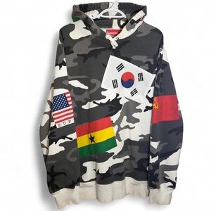 Supreme grey camo pullover hoodie with international flag patches
